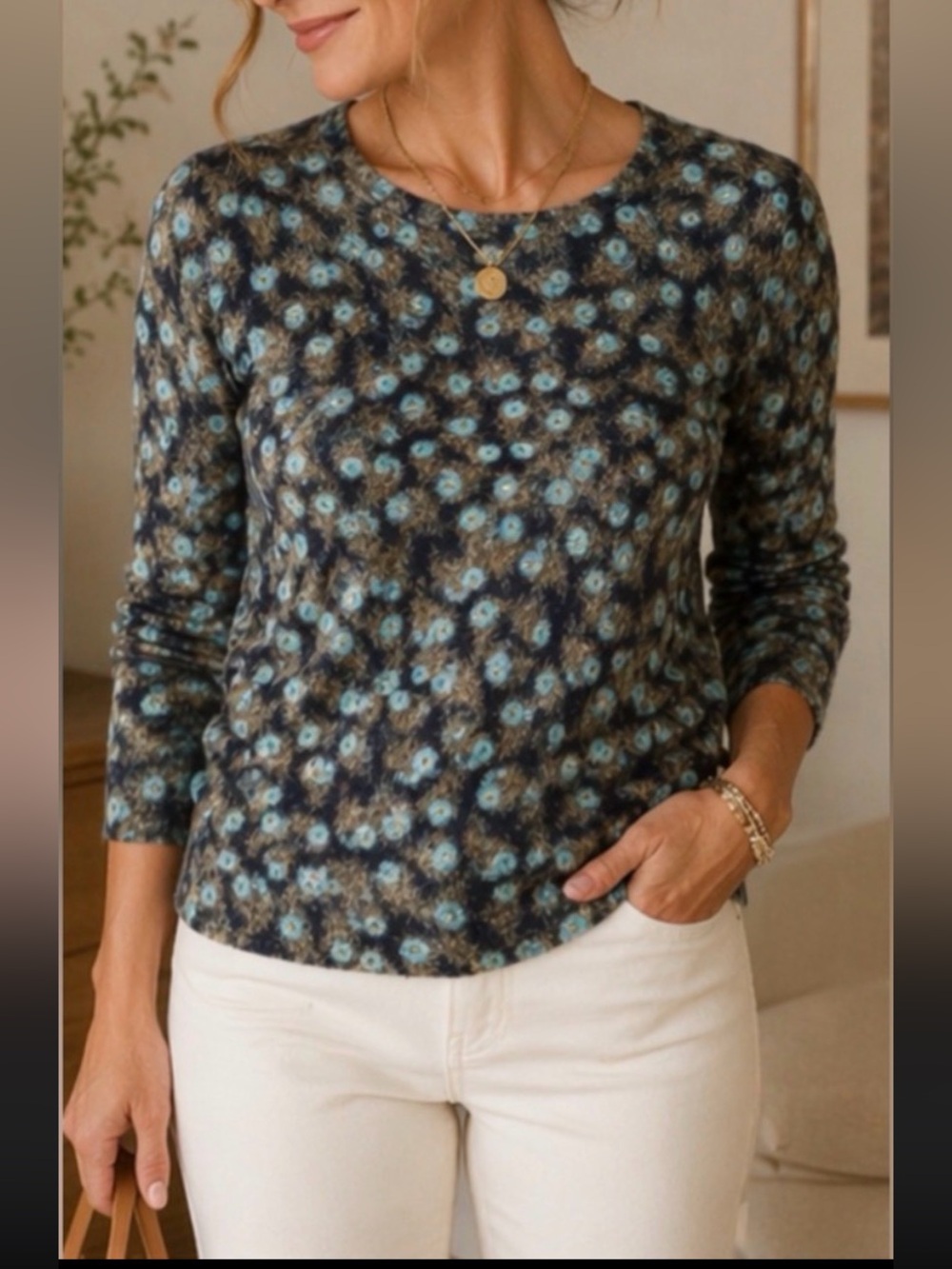 Talbots Petites 100% Cashmere Floral Sweater Blue Multi MP Soft Lightweight